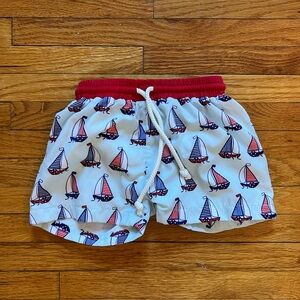 Blue and Red Swim Trunks with Sailboat Print
